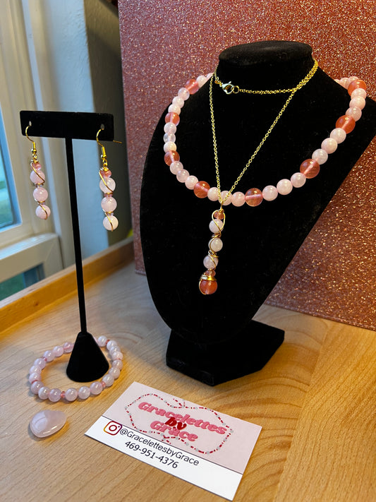 Cherry Quartz & Rose Quartz Set with Choker, Bracelet, Earrings, Necklace