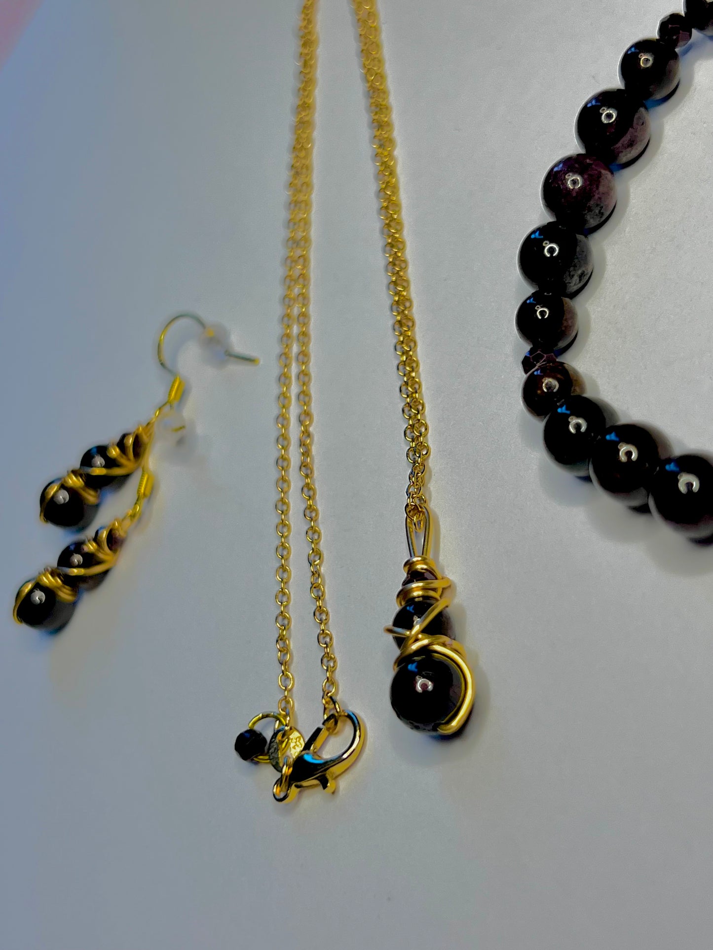 Garnet Radiance — Gold-Plated Garnet Set (Earrings, Necklace & Bracelet)