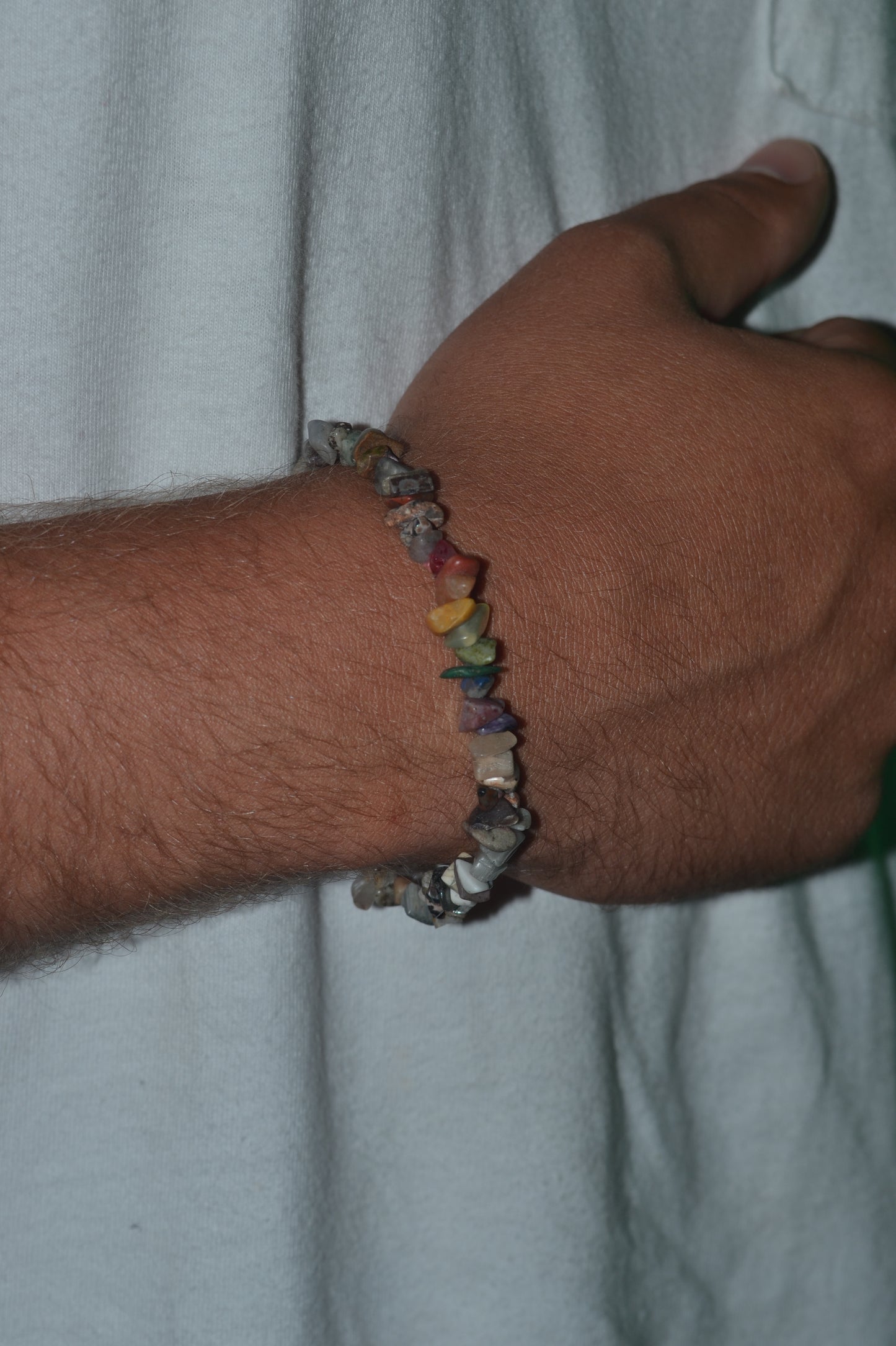 Subtle Rainbow Jasper Chip Bracelet – Grounding with Grey Jasper & Rainbow Center