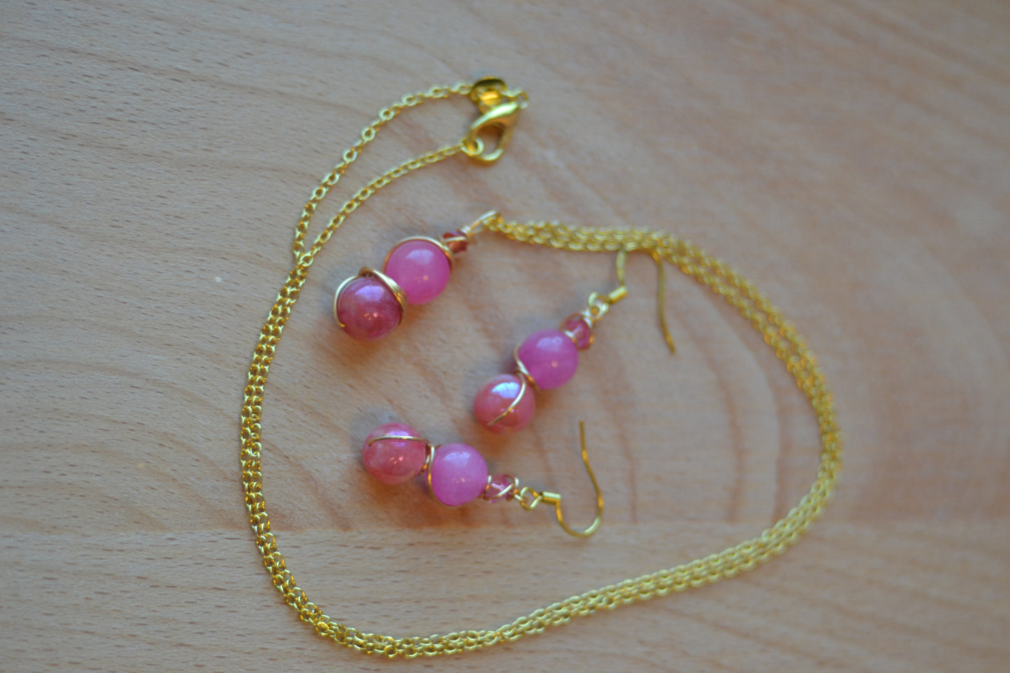 Pink Jade & Gold Set – Heart-Centered Confidence & Grace (925 Necklace + Earrings)