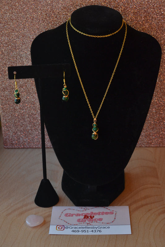 Green Tiger’s Eye & Gold Set – Power, Focus & Abundance (925 Necklace + Earrings)