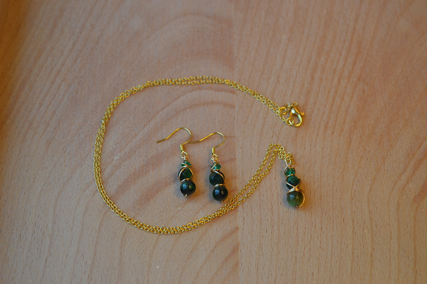 Green Tiger’s Eye & Gold Set – Power, Focus & Abundance (925 Necklace + Earrings)