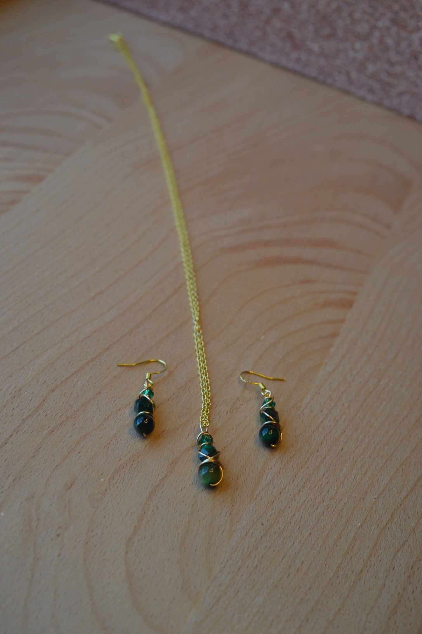 Green Tiger’s Eye & Gold Set – Power, Focus & Abundance (925 Necklace + Earrings)