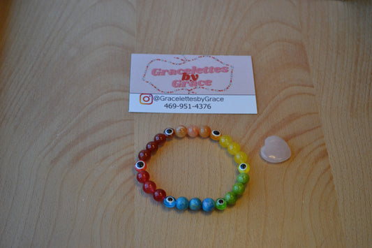 Rainbow Evil Eye Bracelet – Chakra Protection & Vibrational Alignment (6mm Gemstones)