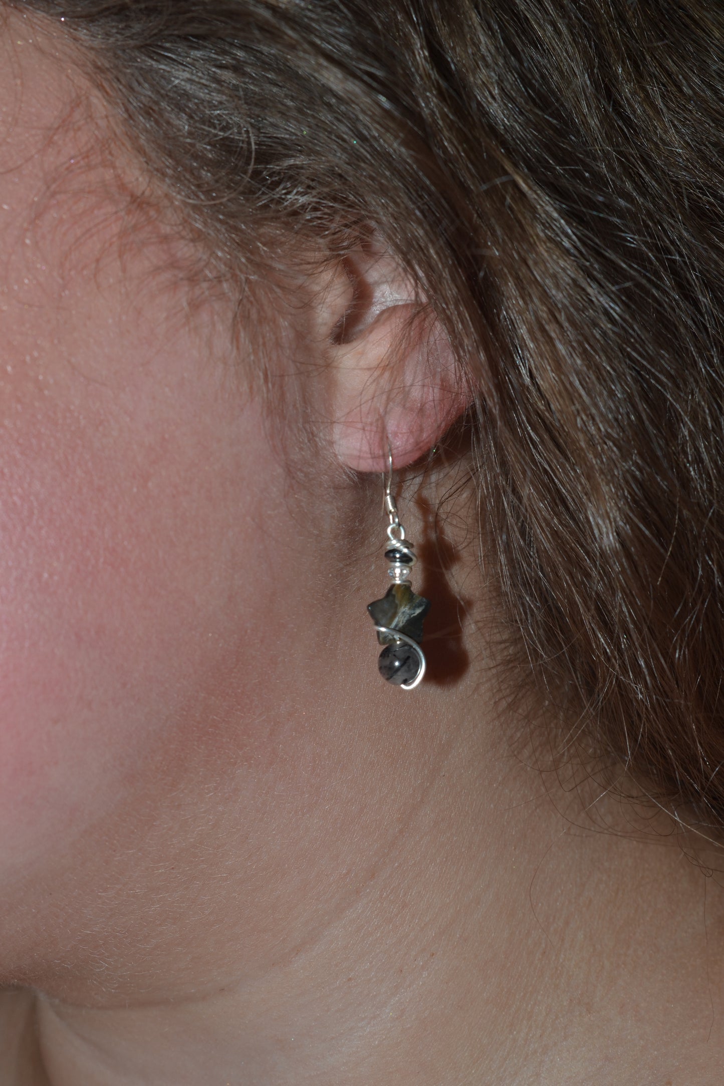Starlit Shield Earrings – Tourmaline Quartz, Hematite & Mother of Pearl (1.5”)