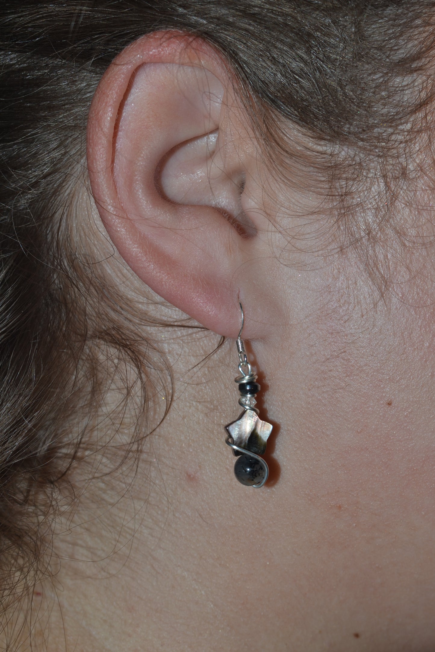 Starlit Shield Earrings – Tourmaline Quartz, Hematite & Mother of Pearl (1.5”)