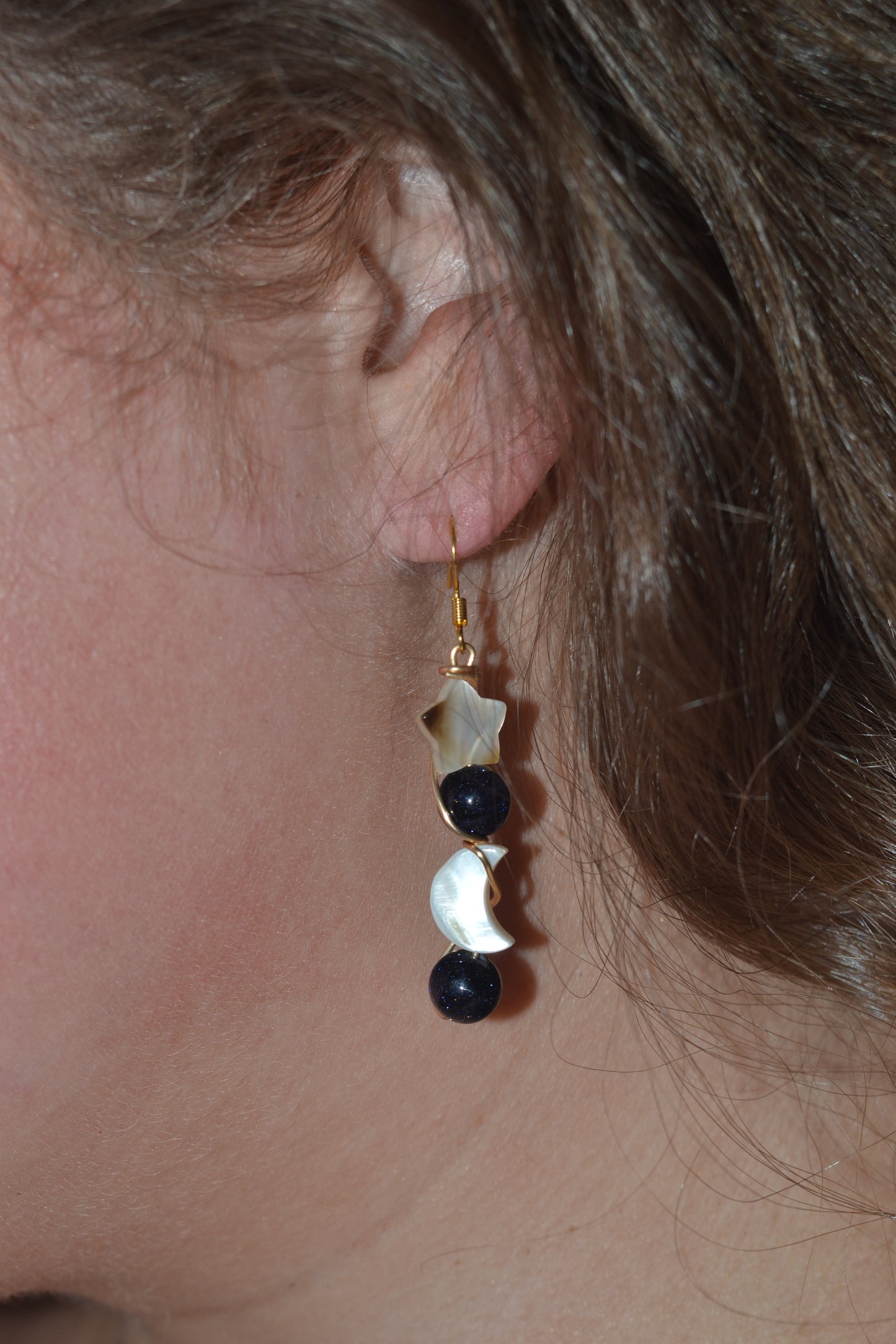 Celestial Midnight Earrings – Sandstone Sparkle, Mother of Pearl Moons & Stars (2”)