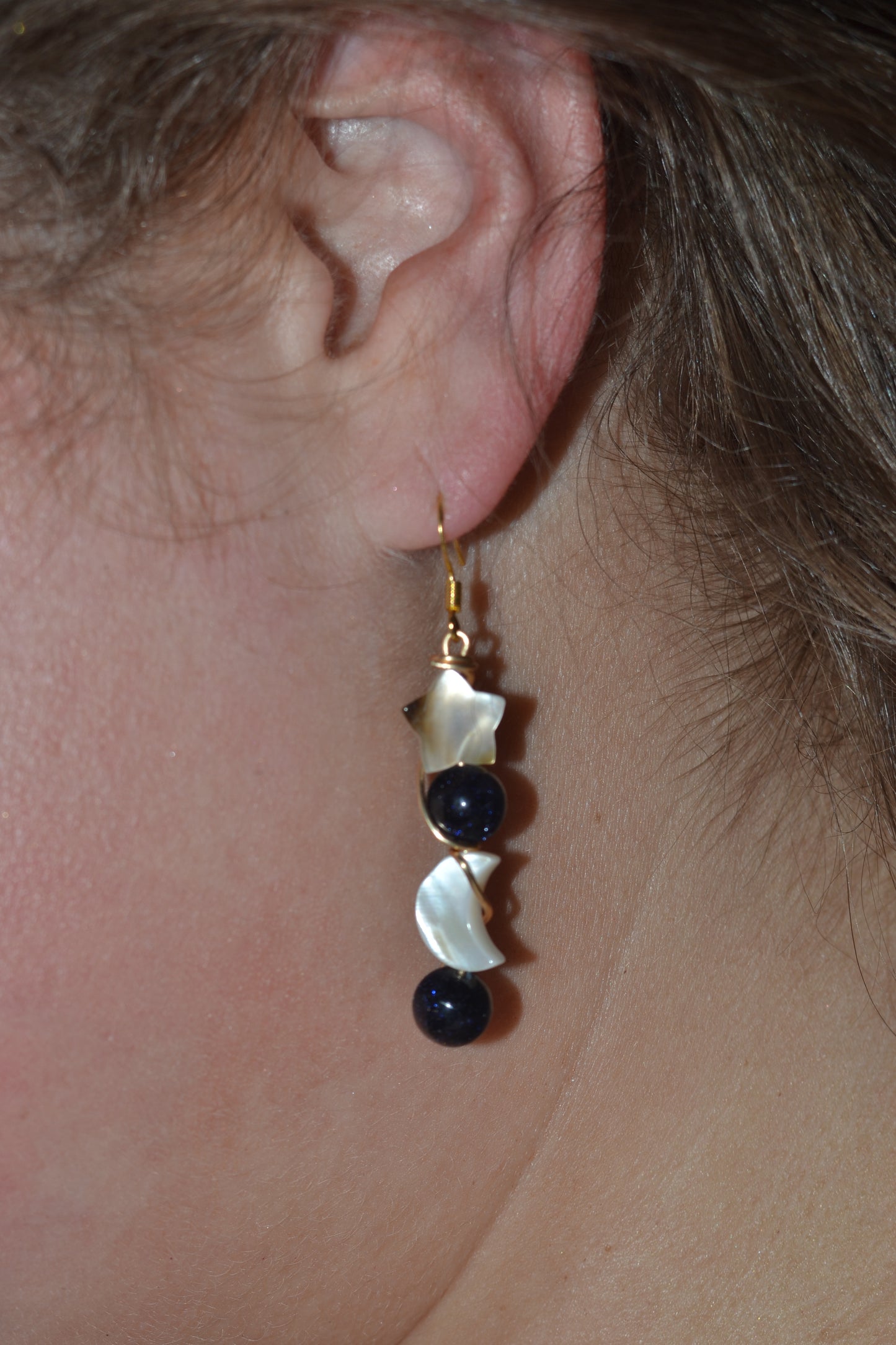 Celestial Midnight Earrings – Sandstone Sparkle, Mother of Pearl Moons & Stars (2”)