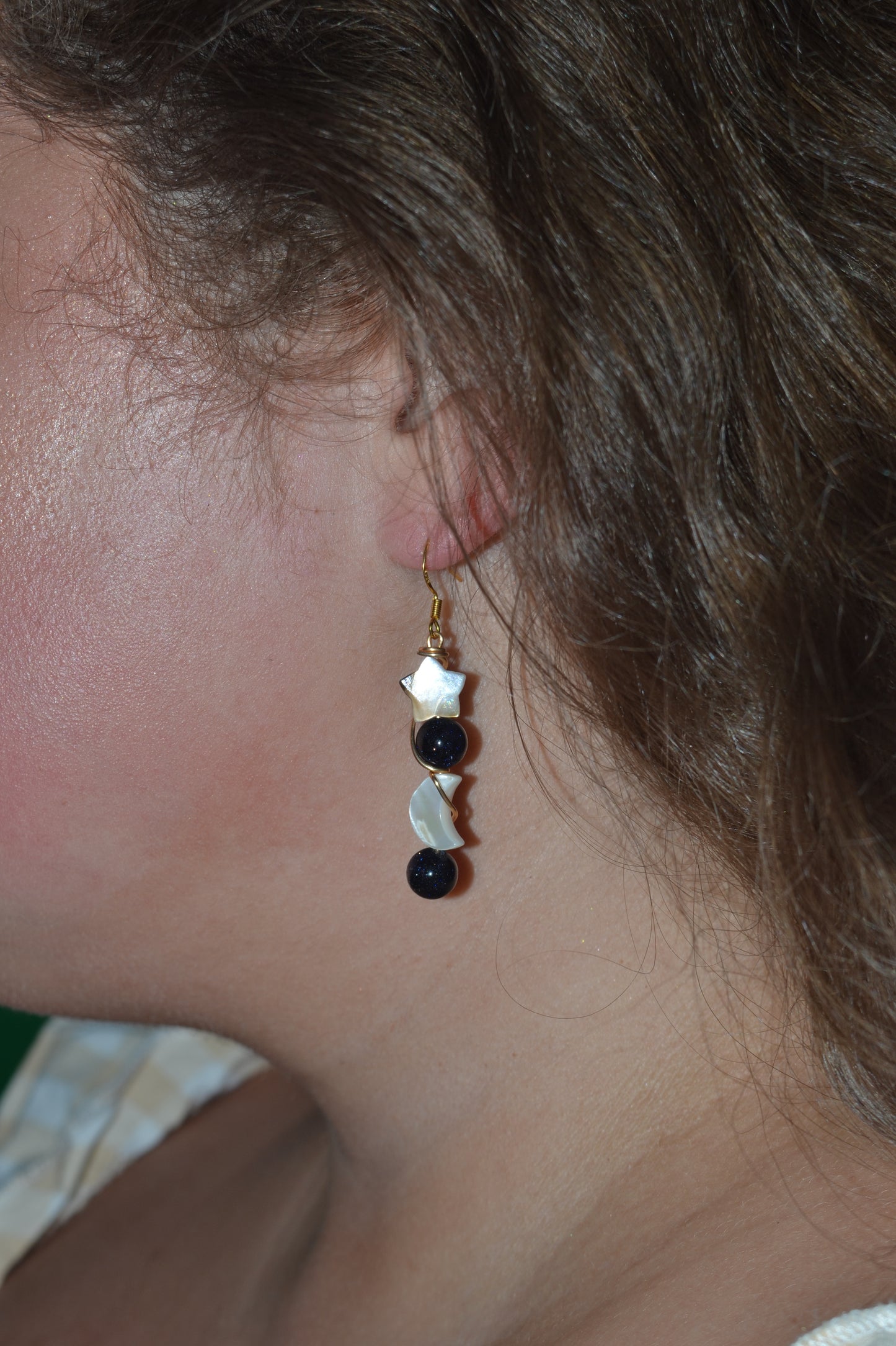 Celestial Midnight Earrings – Sandstone Sparkle, Mother of Pearl Moons & Stars (2”)