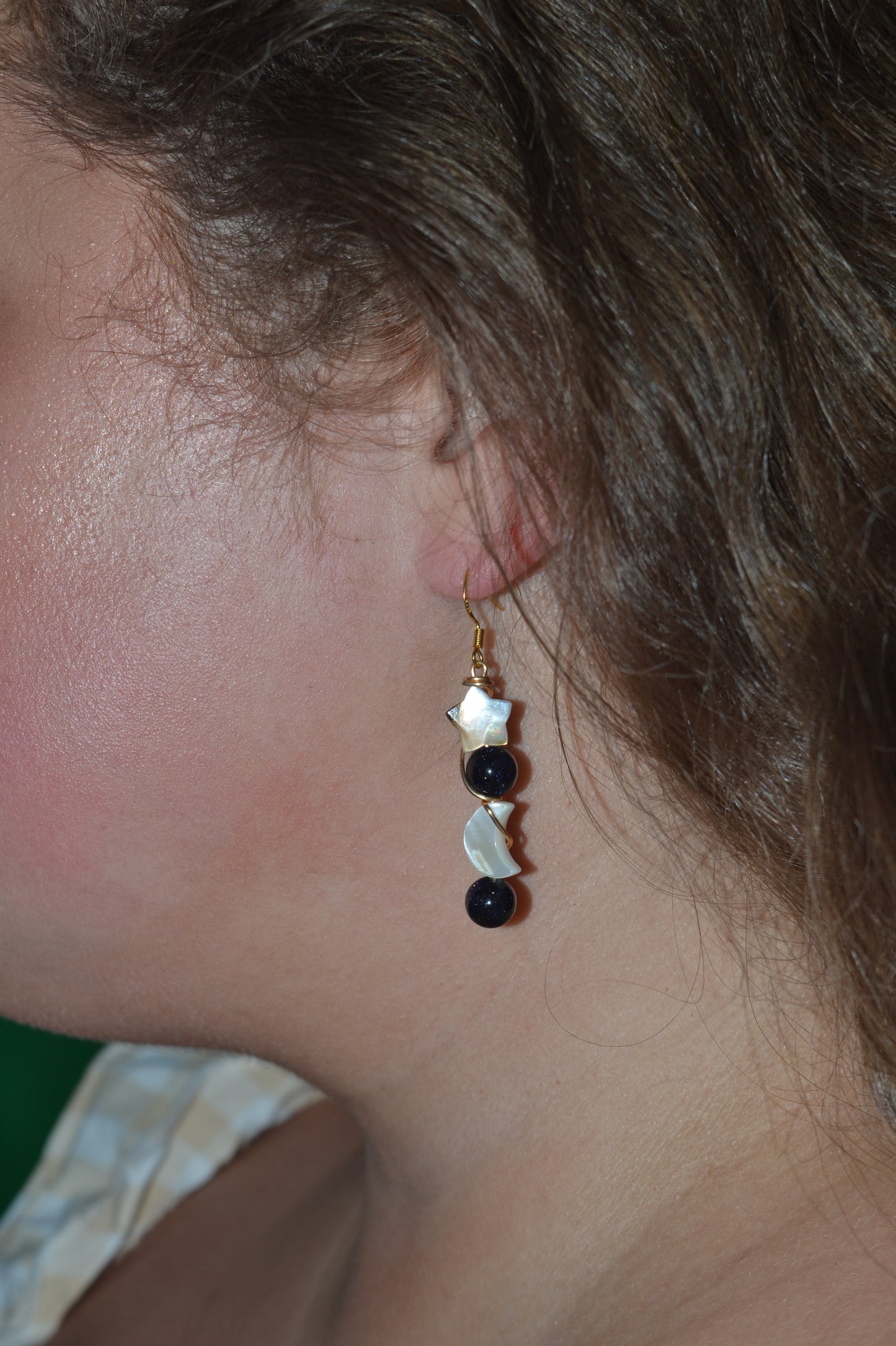 Celestial Midnight Earrings – Sandstone Sparkle, Mother of Pearl Moons & Stars (2”)