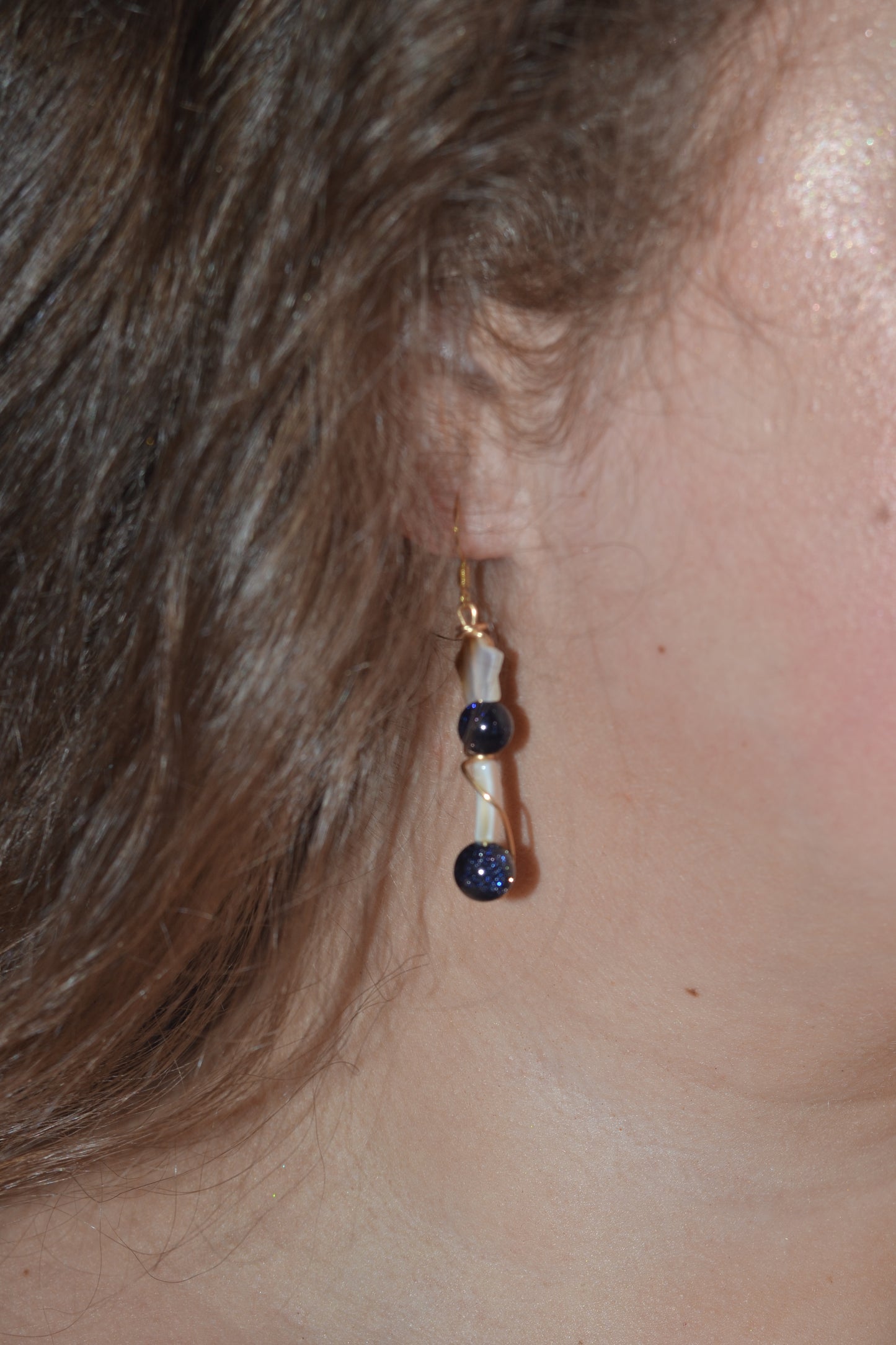 Celestial Midnight Earrings – Sandstone Sparkle, Mother of Pearl Moons & Stars (2”)