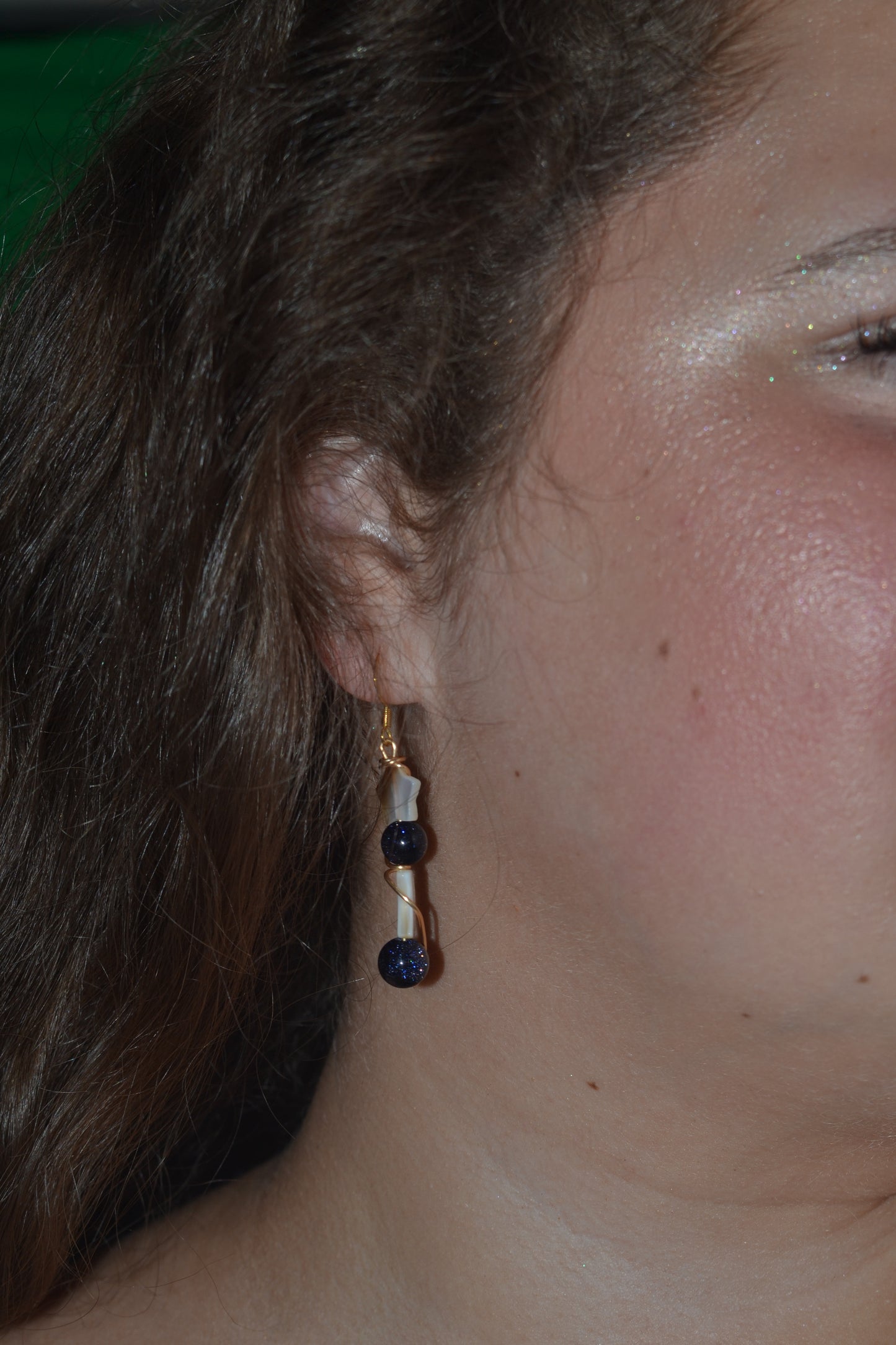 Celestial Midnight Earrings – Sandstone Sparkle, Mother of Pearl Moons & Stars (2”)