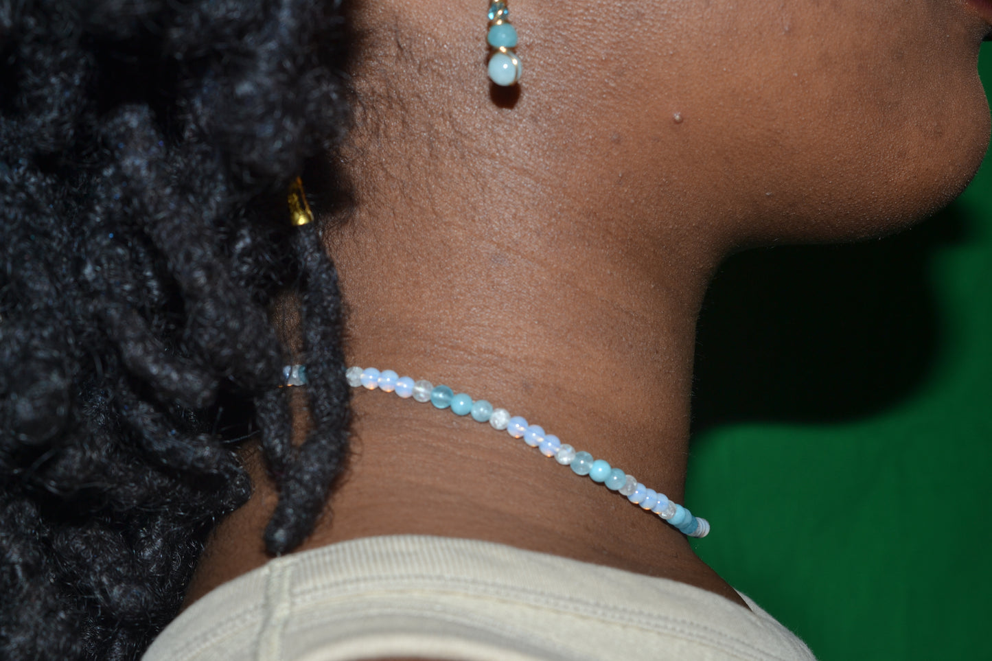 Aquamarine, Quartz & Opalite Choker – Soothing Clarity & Flow (14”)