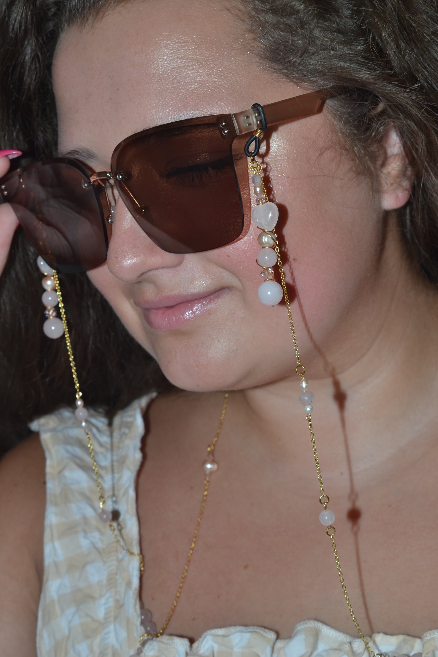 Rose Quartz & Pearl Glasses Chain β 14k Gold Plated, For Love, Beauty & Divine Vision