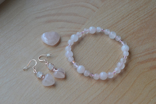 Rose Gold Rose Quartz Heart Earrings & Bracelet Set – Love & Sweetness