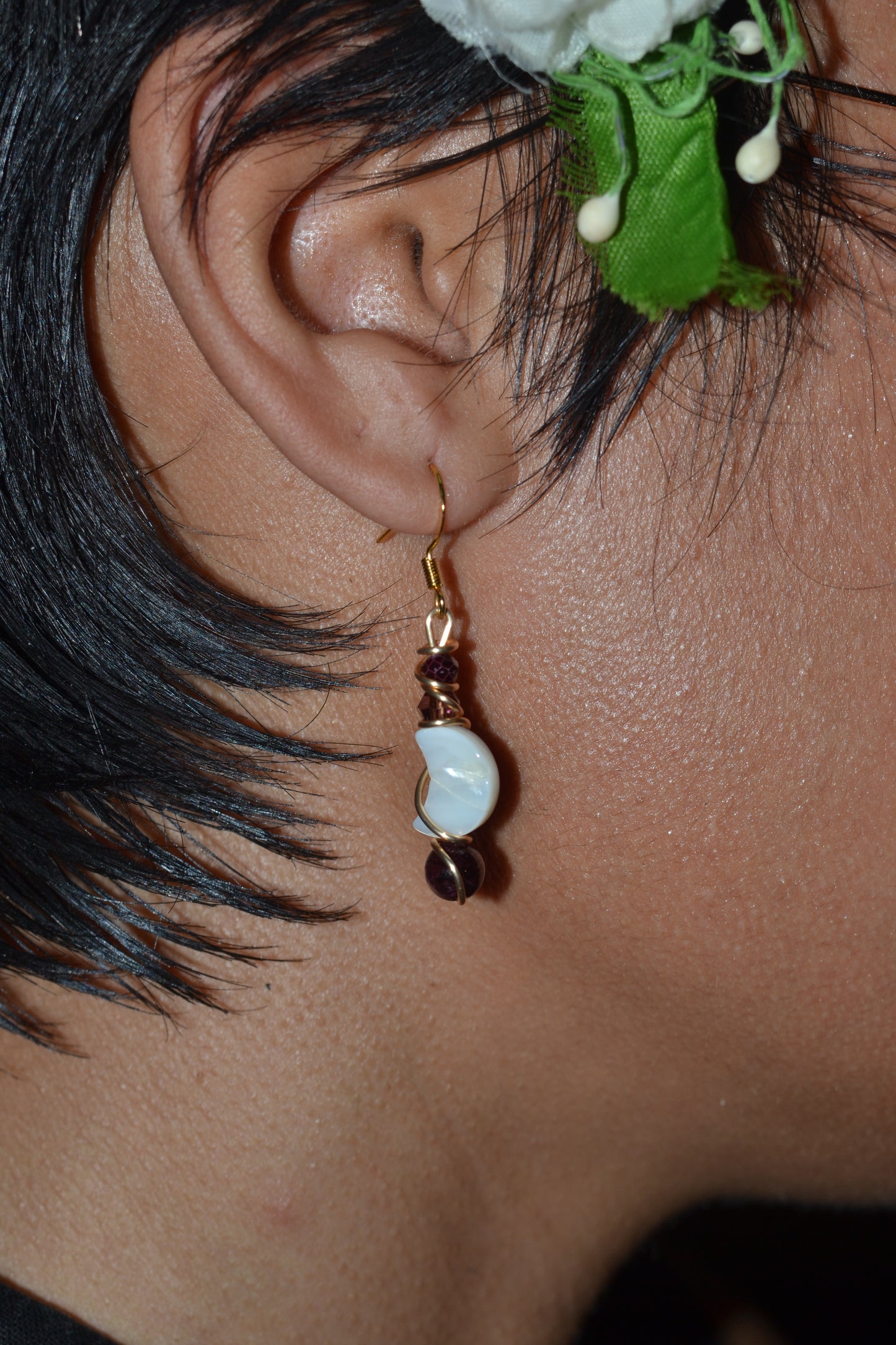 Mother of Pearl Moon & Garnet Gold Wrapped Earrings – Elegant Purple Crystal Drops