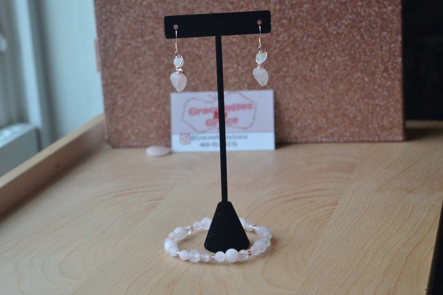 Rose Gold Rose Quartz Heart Earrings & Bracelet Set β Love & Sweetness