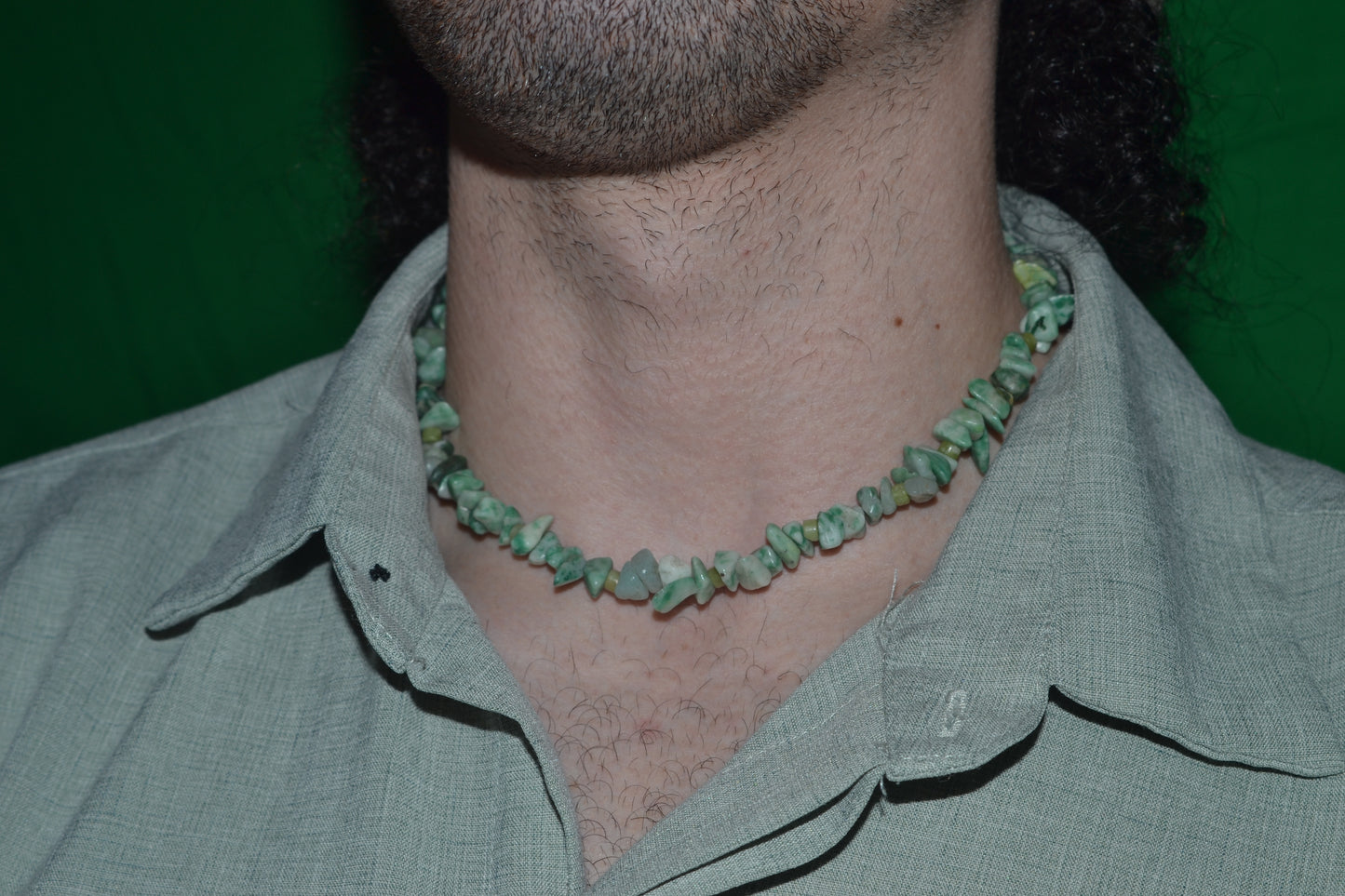 Spotted Green Jasper & Jade Choker β Masculine Grounding & Warrior Energy (16")