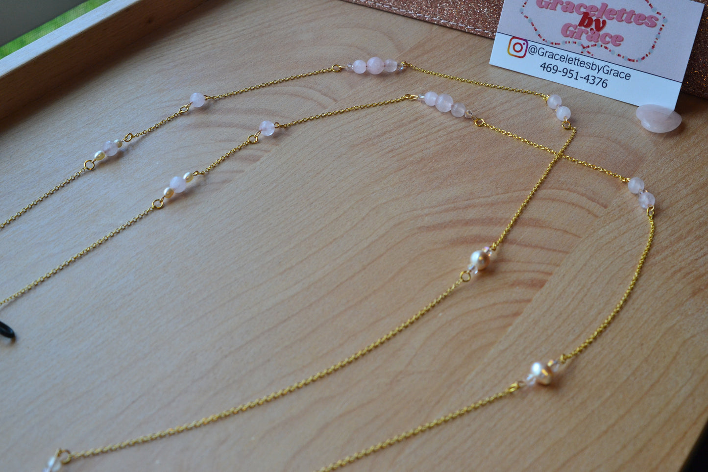 Rose Quartz & Pearl Glasses Chain β 14k Gold Plated, For Love, Beauty & Divine Vision