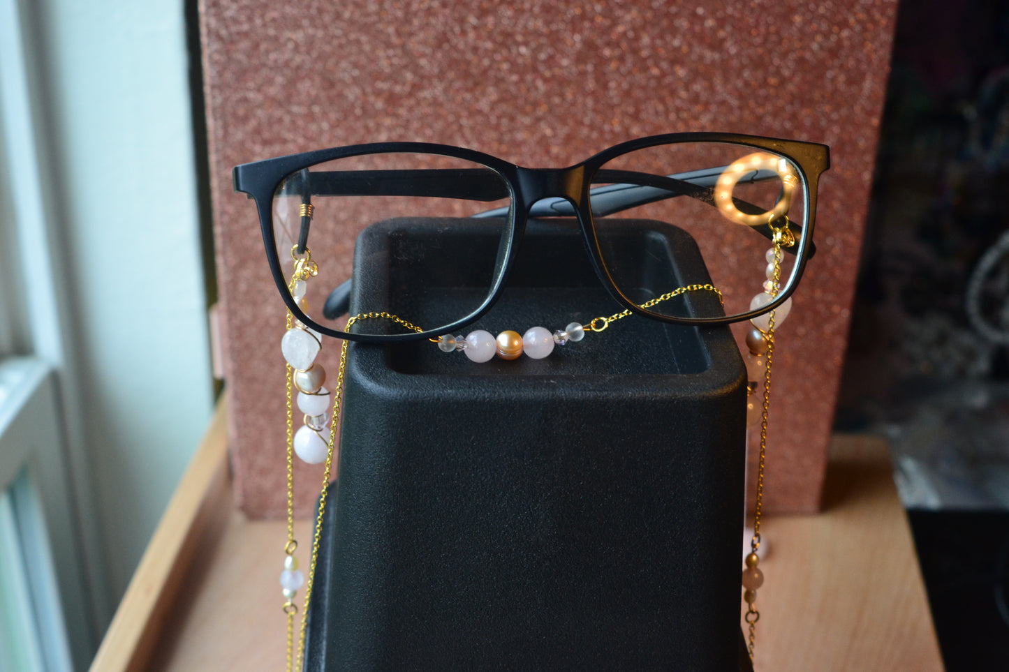 Rose Quartz & Pearl Glasses Chain β 14k Gold Plated, For Love, Beauty & Divine Vision
