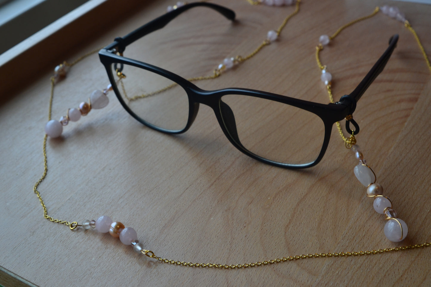 Rose Quartz & Pearl Glasses Chain β 14k Gold Plated, For Love, Beauty & Divine Vision
