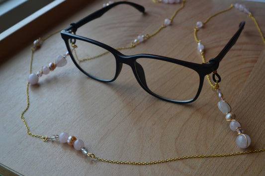 Rose Quartz & Pearl Glasses Chain – 14k Gold Plated, For Love, Beauty & Divine Vision