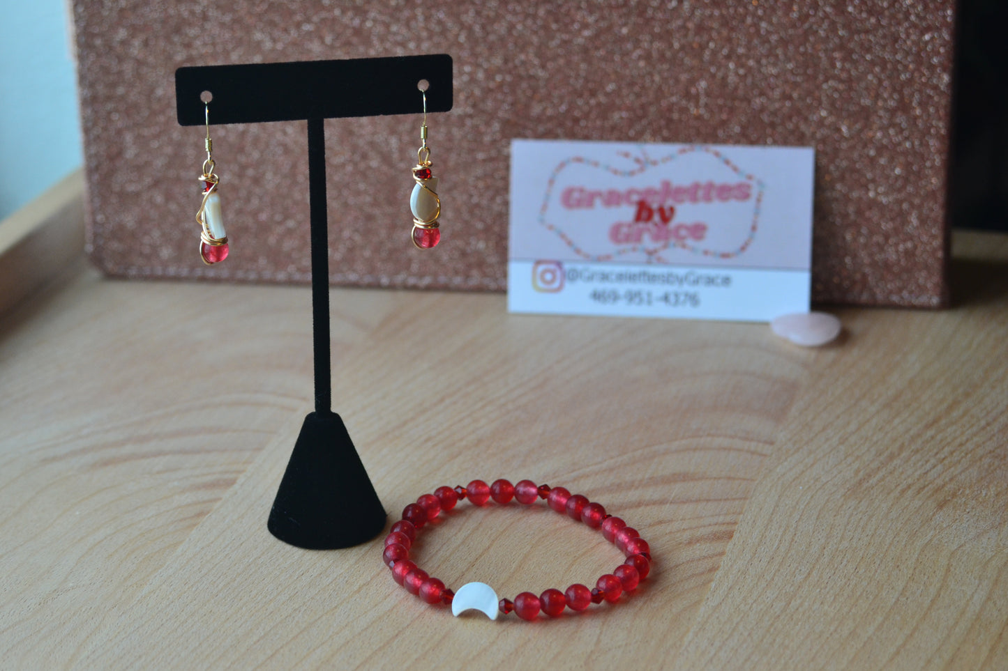 Cherry Quartz & Mother of Pearl Moon Jewelry Set β For Confidence & Radiant Power