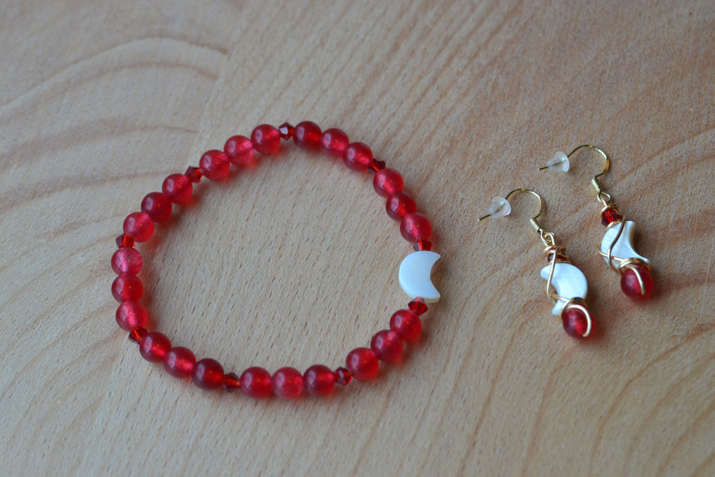 Cherry Quartz & Mother of Pearl Moon Jewelry Set β For Confidence & Radiant Power