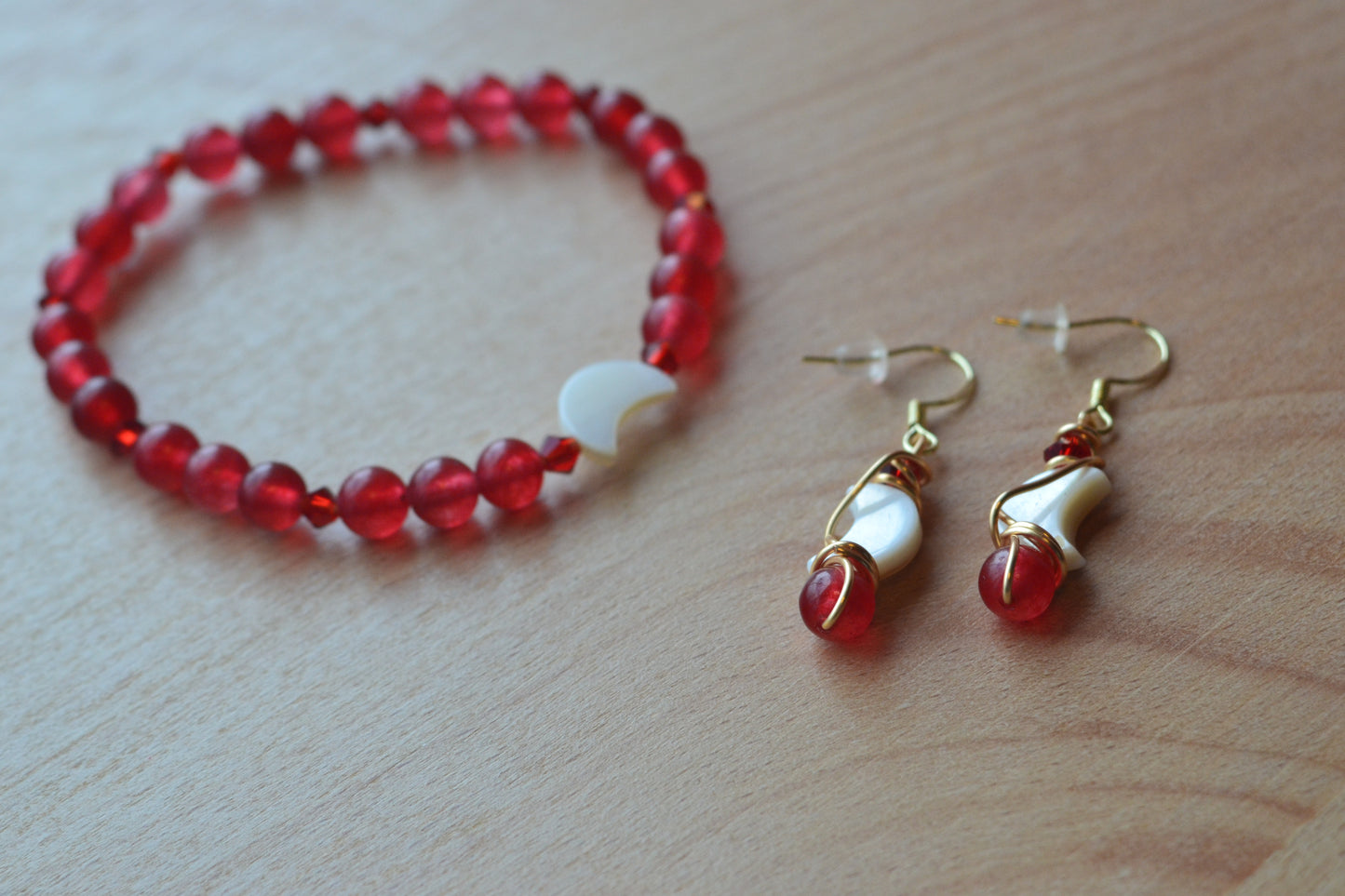 Cherry Quartz & Mother of Pearl Moon Jewelry Set β For Confidence & Radiant Power