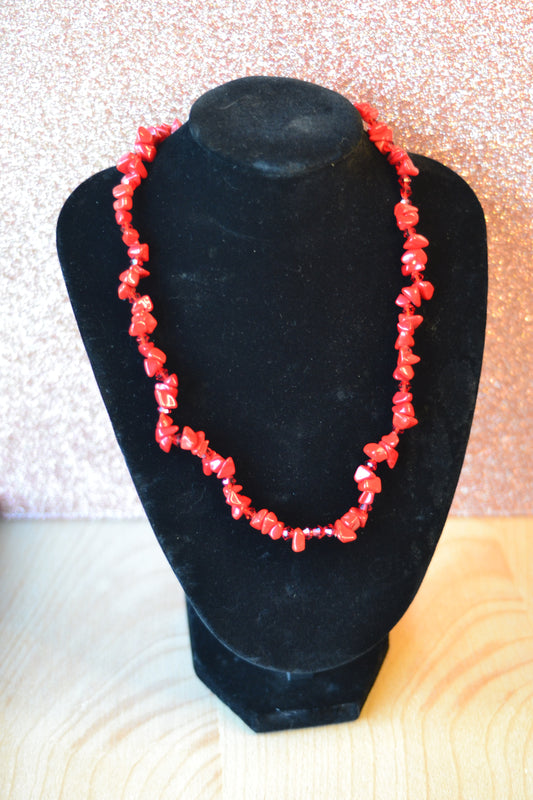 Red Coral & Crystal Necklace – 16" | Handmade Statement Jewelry for Confidence & Vitality