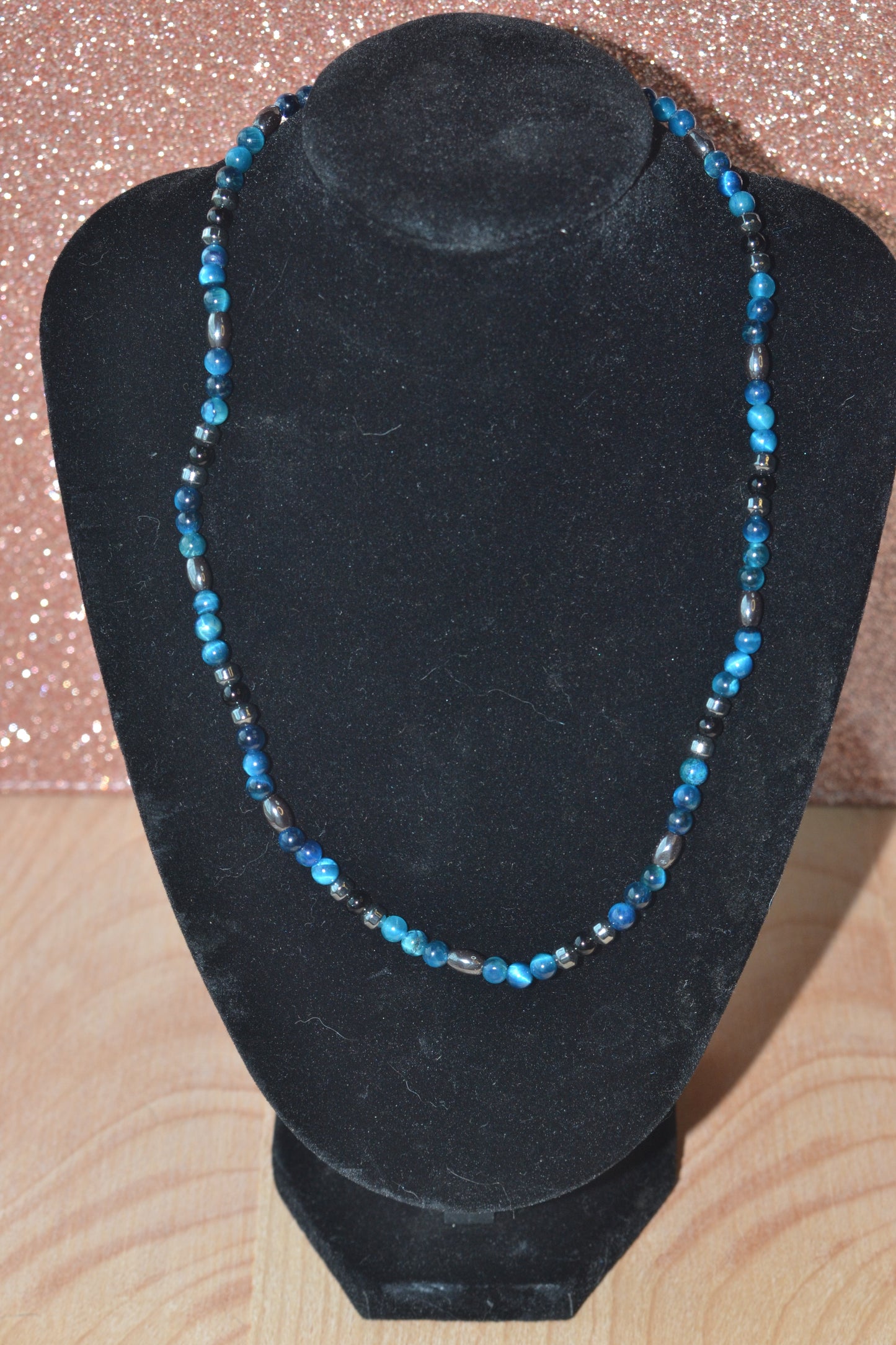 Blue Tiger’s Eye, Hematite & Black Onyx Choker – Grounding & Focused Energy (16”)