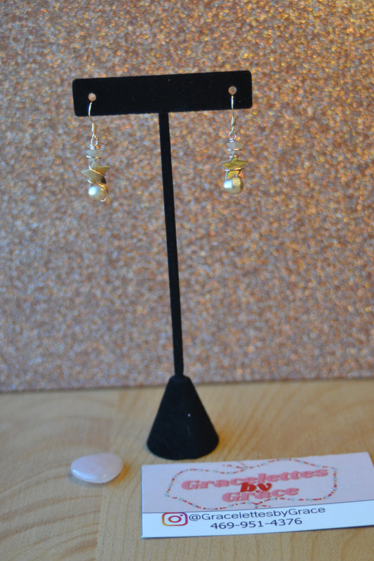 Double Star Earrings – Strawberry Quartz, Mother of Pearl & Freshwater Pearl in Rose Gold