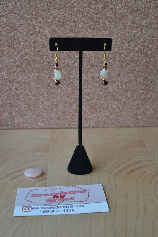 Mother of Pearl Moon & Garnet Gold Wrapped Earrings – Elegant Purple Crystal Drops