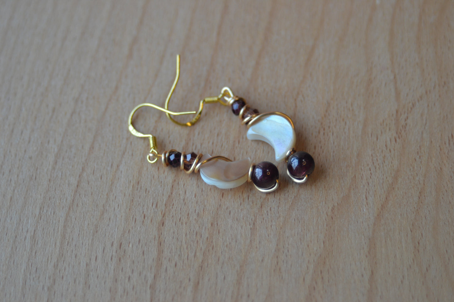 Mother of Pearl Moon & Garnet Gold Wrapped Earrings – Elegant Purple Crystal Drops