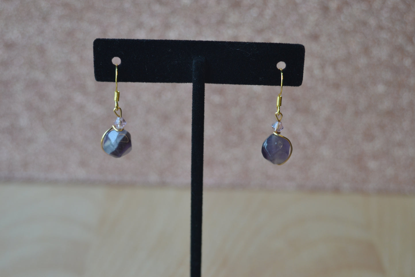 Faceted Amethyst & Light Purple Crystal Gold Wrapped Earrings – 1 Inch Drop