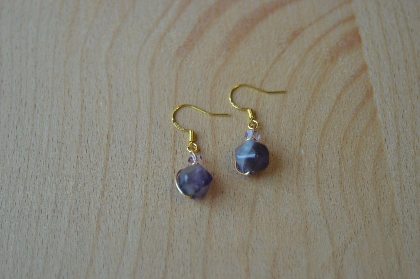 Faceted Amethyst & Light Purple Crystal Gold Wrapped Earrings – 1 Inch Drop