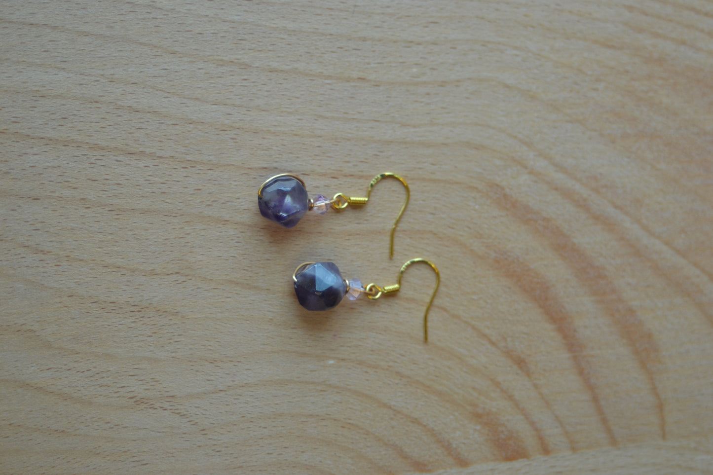 Faceted Amethyst & Light Purple Crystal Gold Wrapped Earrings – 1 Inch Drop