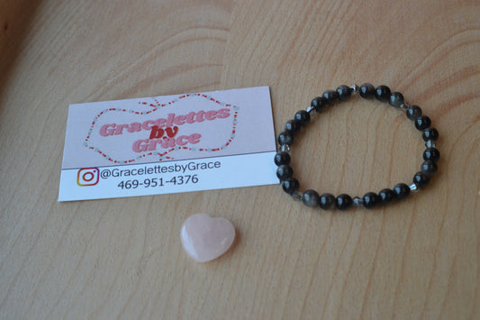 Silver Obsidian & Grey Crystal Bracelet – Subtle Power & Protection (4mm)