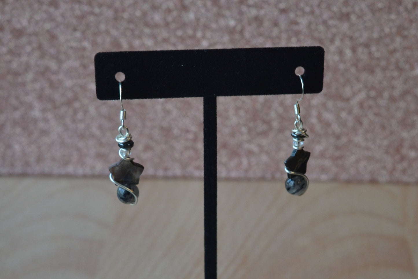 Starlit Shield Earrings – Tourmaline Quartz, Hematite & Mother of Pearl (1.5”)