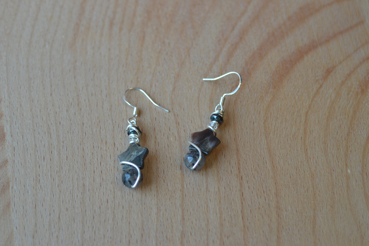 Starlit Shield Earrings – Tourmaline Quartz, Hematite & Mother of Pearl (1.5”)
