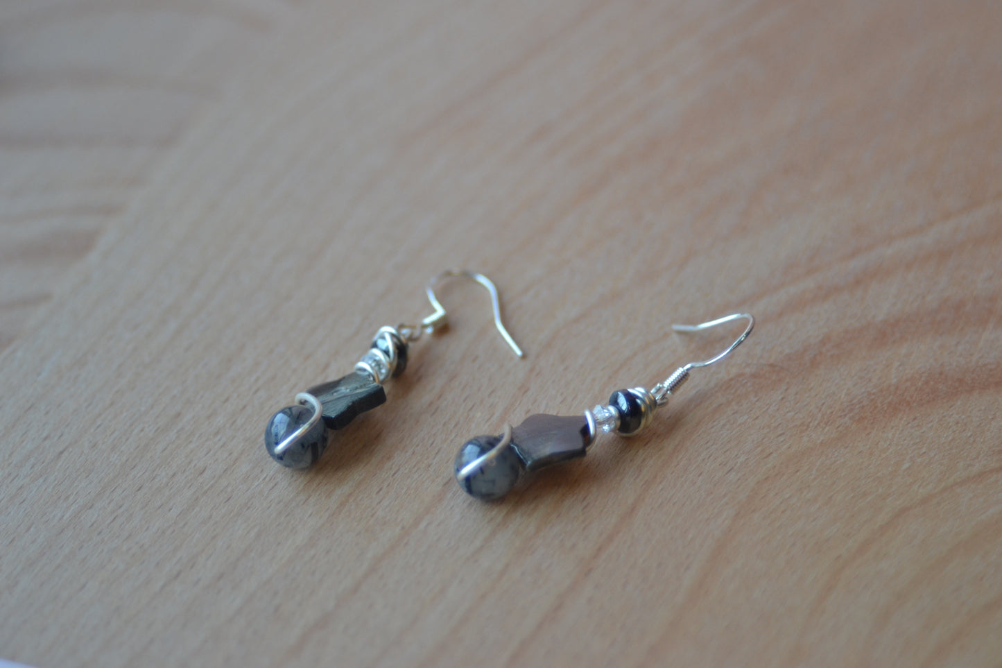 Starlit Shield Earrings – Tourmaline Quartz, Hematite & Mother of Pearl (1.5”)
