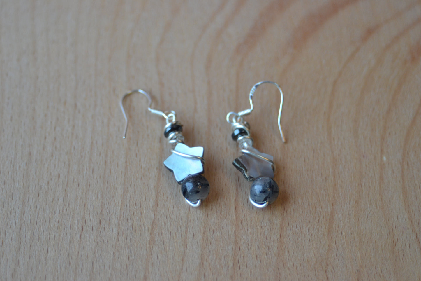 Starlit Shield Earrings – Tourmaline Quartz, Hematite & Mother of Pearl (1.5”)