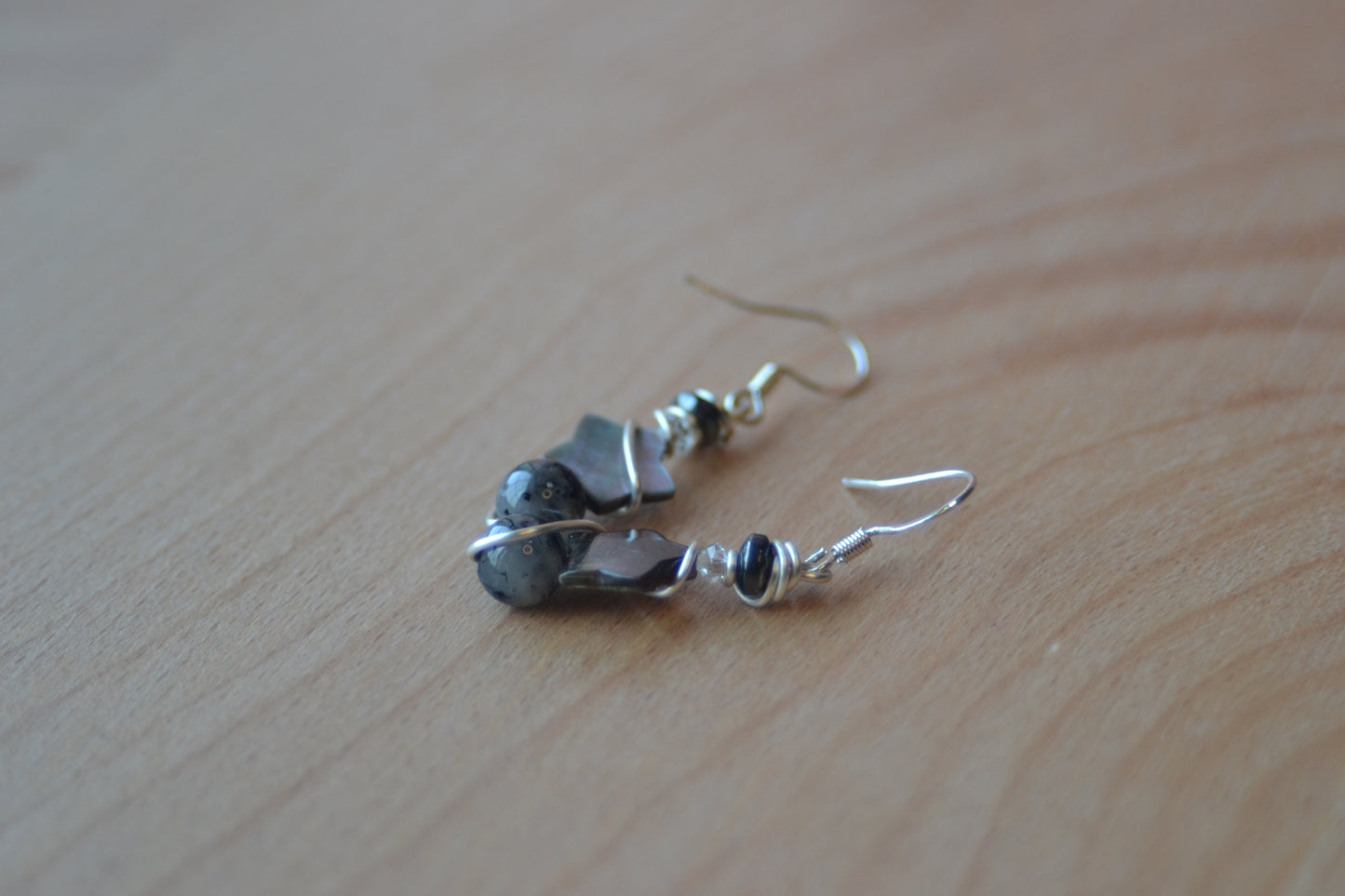 Starlit Shield Earrings – Tourmaline Quartz, Hematite & Mother of Pearl (1.5”)
