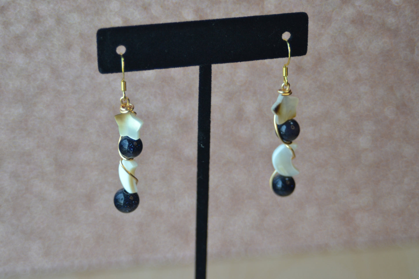Celestial Midnight Earrings – Sandstone Sparkle, Mother of Pearl Moons & Stars (2”)