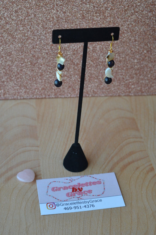 Celestial Midnight Earrings – Sandstone Sparkle, Mother of Pearl Moons & Stars (2”)