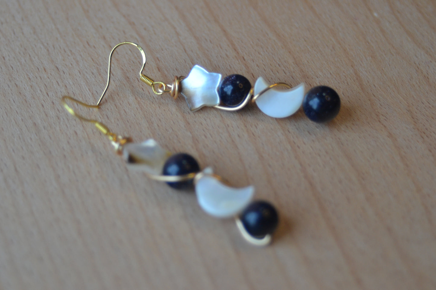 Celestial Midnight Earrings – Sandstone Sparkle, Mother of Pearl Moons & Stars (2”)