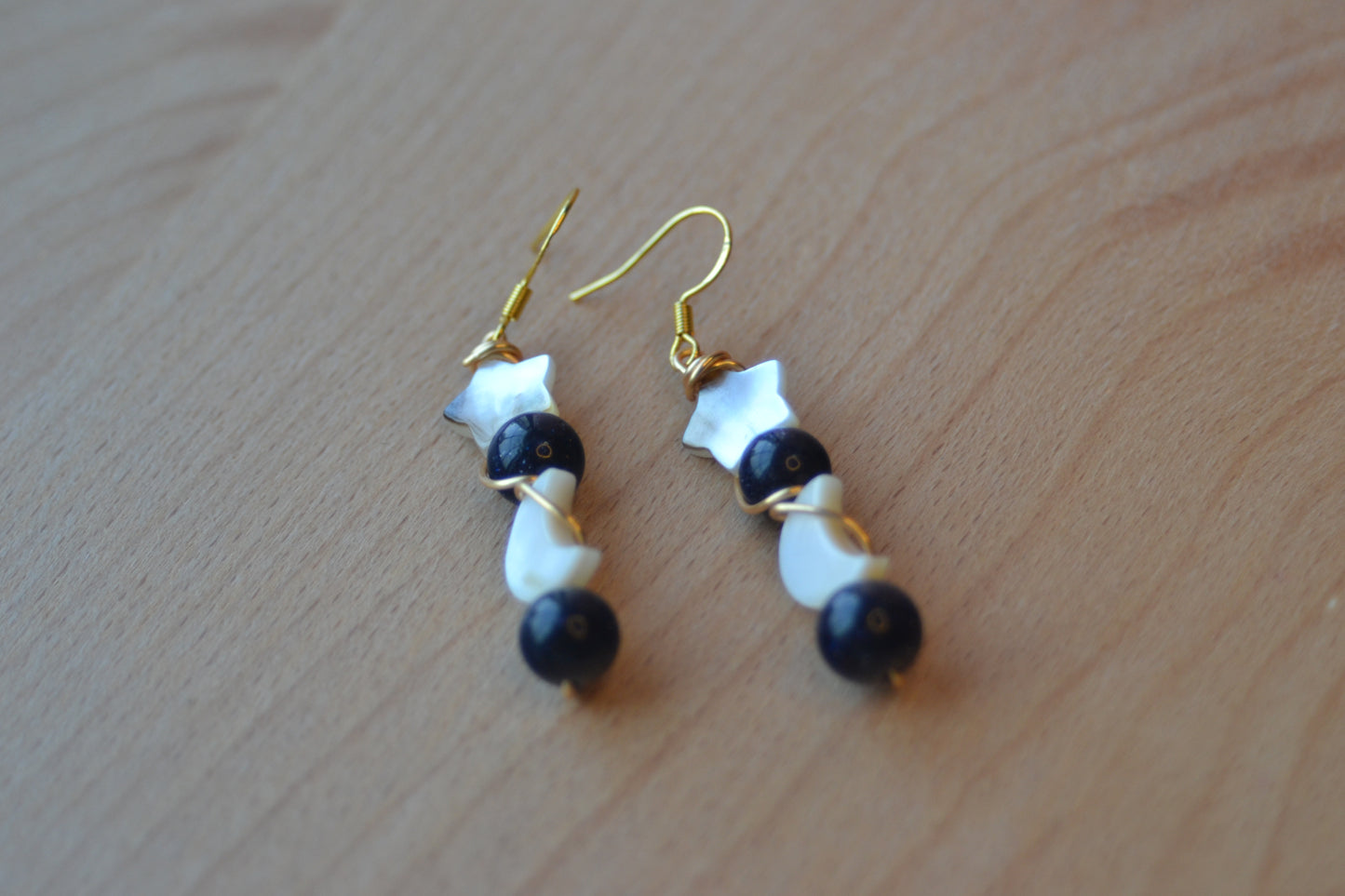 Celestial Midnight Earrings – Sandstone Sparkle, Mother of Pearl Moons & Stars (2”)