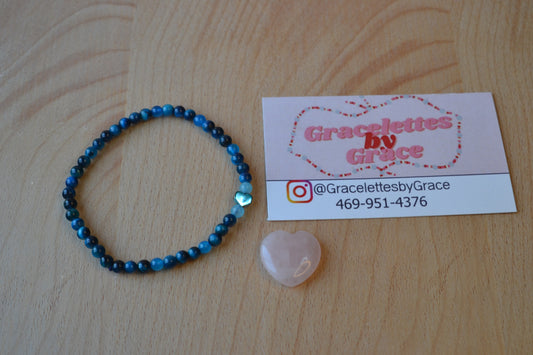 Blue Tiger’s Eye & Aquamarine Heart Bracelet – Strength, Clarity & Intuition
