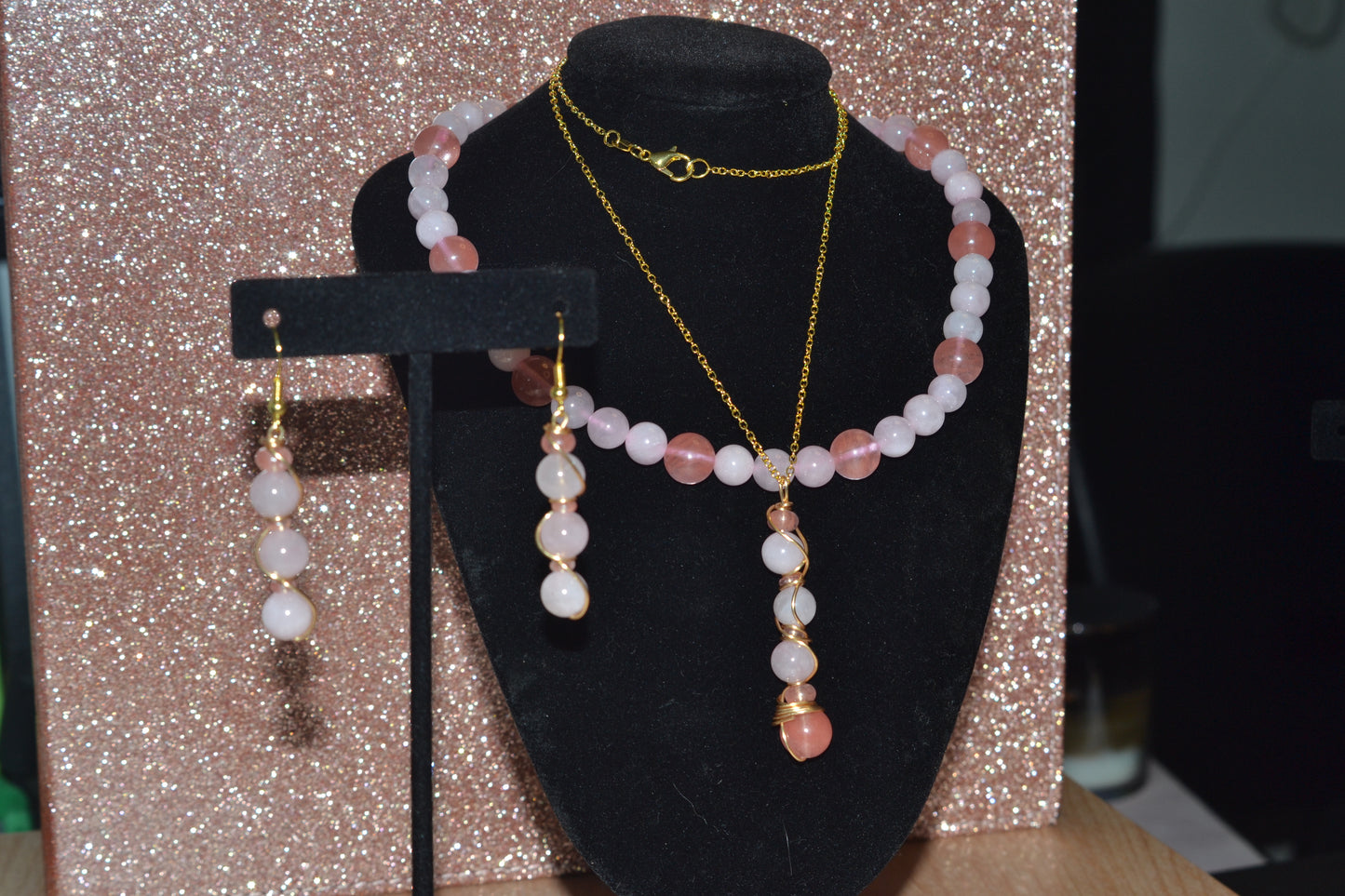 Cherry Quartz & Rose Quartz Set with Choker, Bracelet, Earrings, Necklace