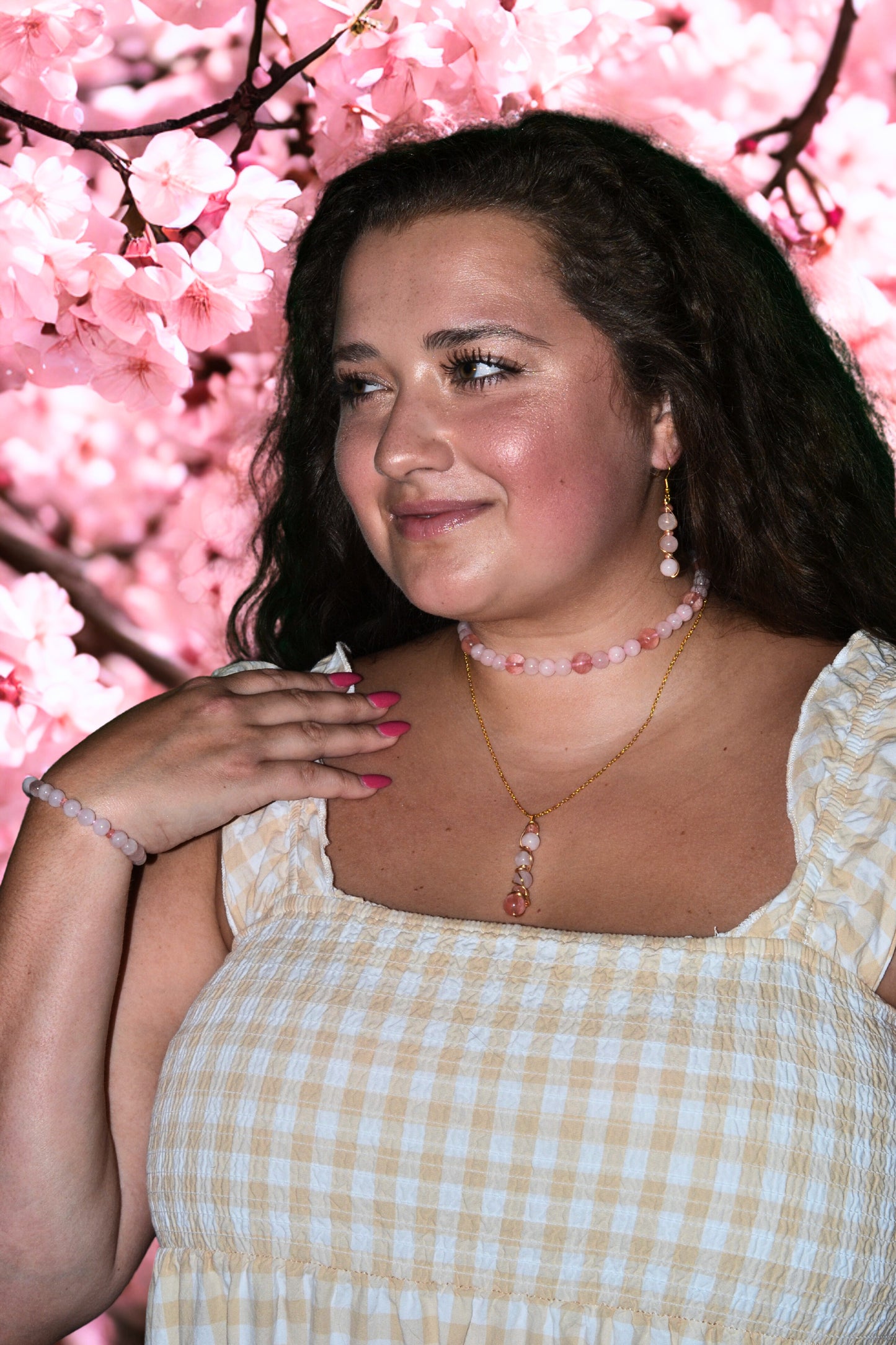 Cherry Quartz & Rose Quartz Set with Choker, Bracelet, Earrings, Necklace